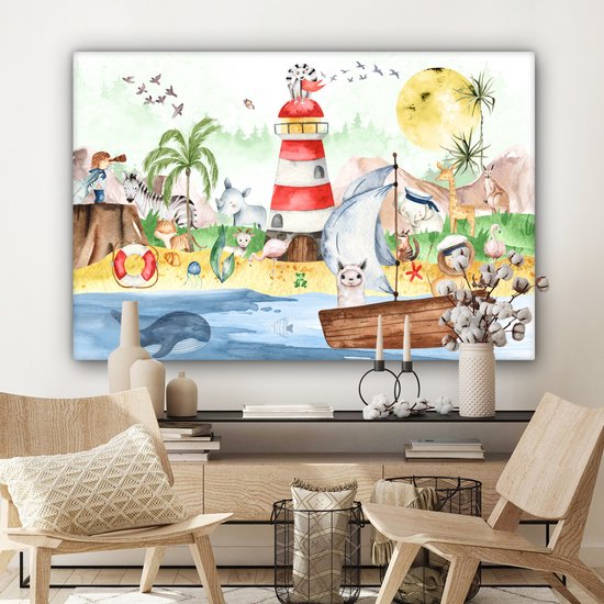 Toile - Chambre d'enfant - Enfant - Phare - Plage - Mer - Animaux - Bateau - Peinture sur toile - Toile canvas - 120x80 cm