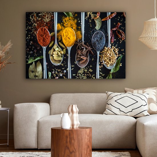 Tableau sur toile Herbes - Cuillère - Épices - Zwart - Cuisine - 140x90 cm - Décoration murale