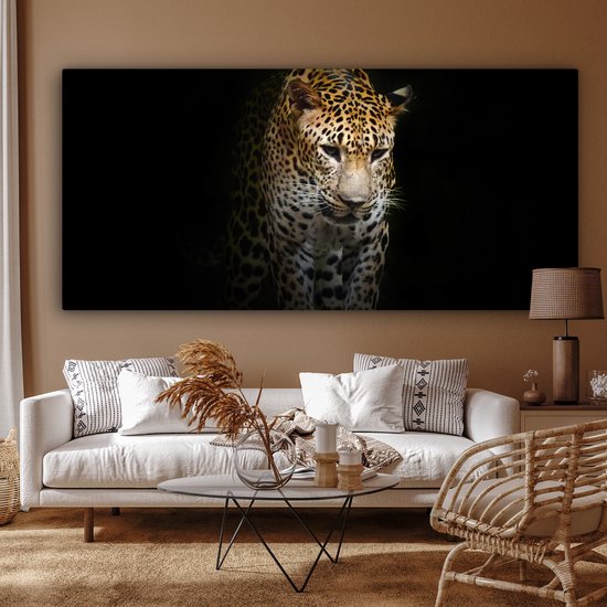 Canvas schilderij 160x80 cm - Wanddecoratie Luipaard - Reflectie - Zwart - Muurdecoratie woonkamer - Slaapkamer decoratie - Kamer accessoires - Schilderijen op canvas