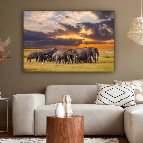 Troupeau d'éléphants au bord d'un lac toile 2cm 140x90 cm - Tirage photo sur toile peinture (Décoration murale salon / chambre) / animaux sauvages Peintures sur toile