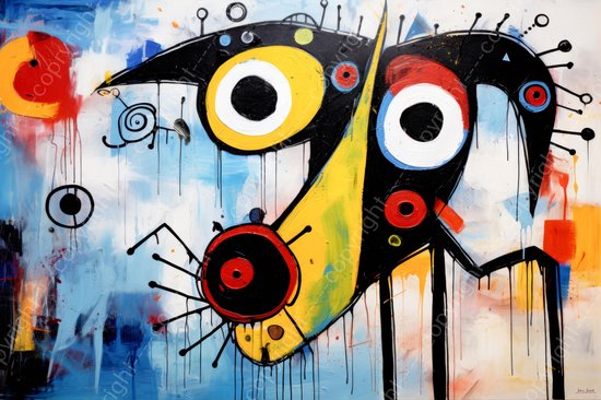 JJ-Art (Canvas) 150x100 | Gekke hond, abstract in Herman Brood stijl, kunst, felle kleuren | dier, geel, rood, blauw, zwart wit, humor, modern | Foto-Schilderij canvas print (wanddecoratie)