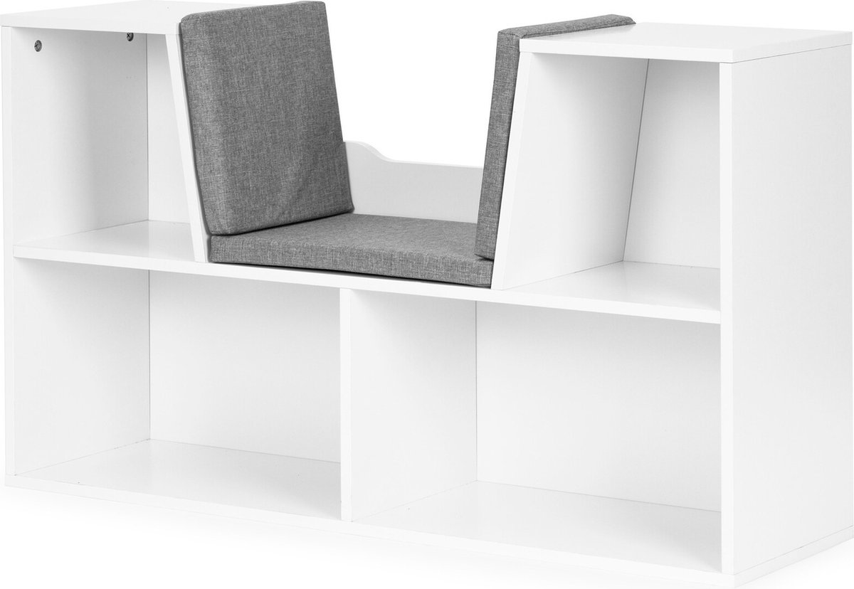Ecotoys boekenkast met zitje inclusief kussens - speelgoedkast 4 vakken - kinderkast wit - 102 x 30 x 61 cm