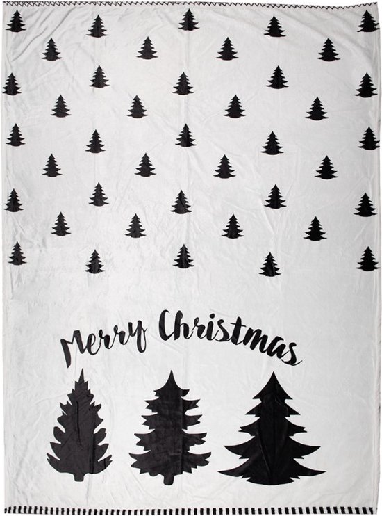 Plaid 130x170 cm Wit Zwart Polyester Kerstbomen Merry Christmas Deken