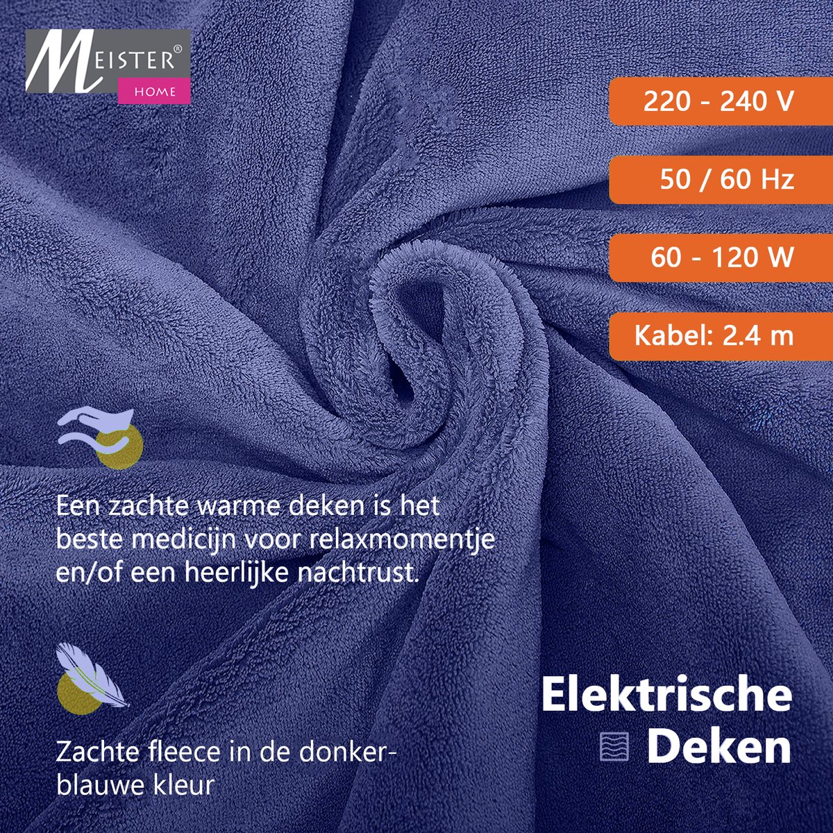 Meisterhome xxl Elektrische Warmtedeken - Bovendeken - 1 Persoons - 3 Standen - Met Timer - 180 x 130 cm - Donker blauw TÜV-SUD GS CE – foto 2