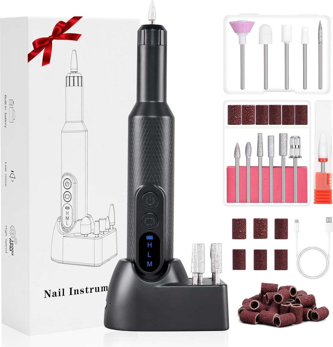 Goedkoopste Elektrische Nagelvijlen, Draadloze Elektrische Nagelboormachine met 12 nagelboren, Instelbare Snelheid Elektrische Manicure- en Pedicureset Voor Thuis- en Salongebruik, Draagbare E-vijlset met Oplaadbare Basis（Zwart）