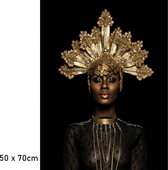 Allernieuwste.nl® Canvas Schilderij * Afrikaanse Vrouw met Gouden Kroon * - Kunst aan je Muur - Kleur Goud-Zwart - 50 x 70 cm