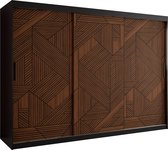 Zweefdeurkast Kledingkast met 3 schuifdeuren Garderobekast slaapkamerkast Kledingstang met planken (LxHxP): 250x200x62 cm - MAKARIA I (Zwart houtpatroon + geometrische lijnen, 250) met lades