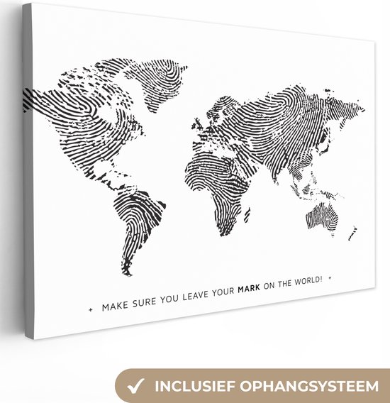 Wereldkaart vingerafdruk zwart wit met tekst canvas Wereldkaart Canvas