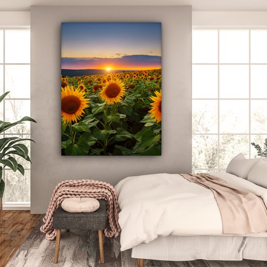 Peinture sur toile - Photo sur toile - Tournesol - Fleurs - Nuages - Ciel - Lumière du soleil - Décoration de chambre - Fleurs sur toile - 120x160 cm - Chambre