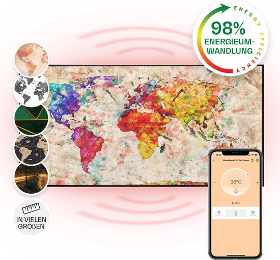 Klarstein Wonderwall Air Art Slimme Infrarood Verwarming - Warmtepaneel - 120X60Cm - 700W - 14 M² - Design Front - App Controle - Geruisloos - Wandmontage - Afstandsbediening - Praktisch - Thermostaat - Weektimer - Ip44 - Motief: Kleurrijke Kaart