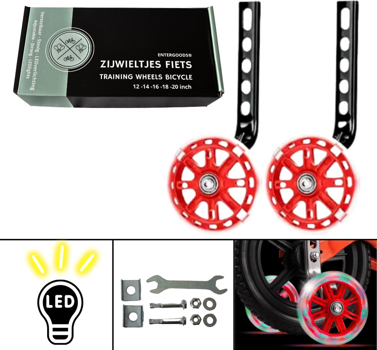 Entergoods® - Zijwieltjes - 12-20 Inch - Zijwieltjes met LED lichtjes - Zijwieltjes voor Kinderfiets - Rood - 12 inch/14 inch/16 inch/18 inch/20 inch - Zijwielen - Kinderfietsaccessoires - Universeel - Zijwielen met Lampjes - Verlichting Kinderfiets