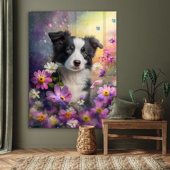 MuchoWow® Peinture sur verre 120x160 cm - Peinture sur verre acrylique - Chien - Fleurs - Nature - Puppy - Border collie - Photo sur verre - Peintures