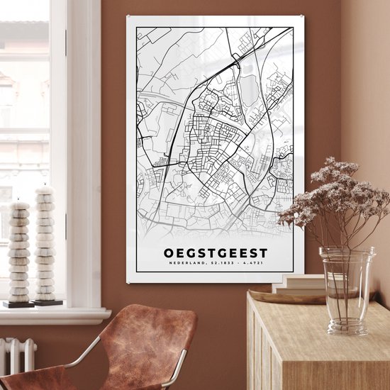 MuchoWow® Peinture sur Verre - Carte - Oegstgeest - Carte - Carte de la Ville - 80x120 cm - Peintures sur Verre Peintures - Photo sur Glas