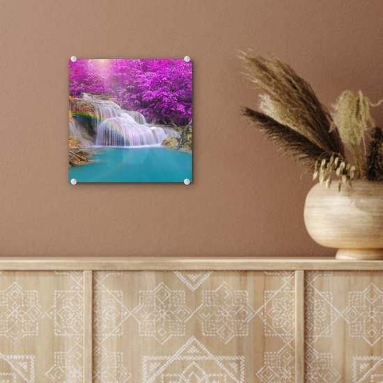 MuchoWow® Peinture sur verre 20x20 cm - Peinture sur verre acrylique - Cascade - Arbres - Arc-en-ciel - Violet - Photo sur verre - Peintures