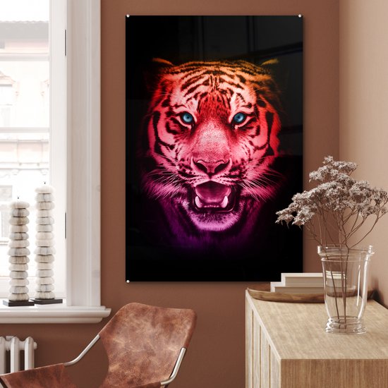 MuchoWow® Peinture sur verre 80x120 cm - Peinture sur verre acrylique - Tigre - Oranje - Rouge - Photo sur verre - Peintures