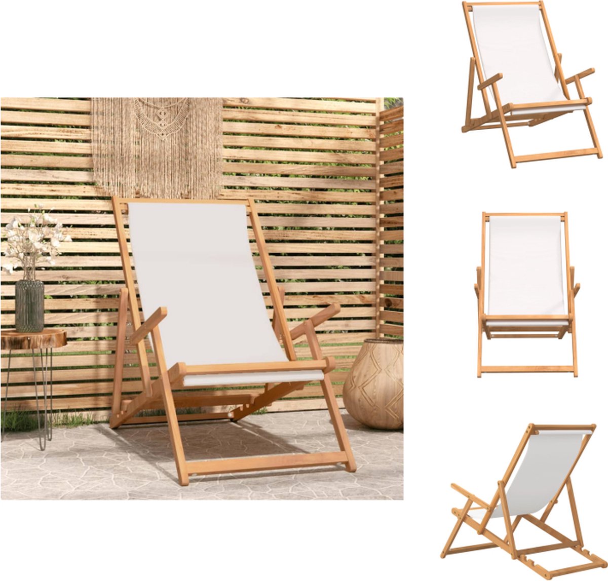 VidaXL Strandstoel Teak Inklapbaar 60x126x87.5 cm Crème Tuinstoel