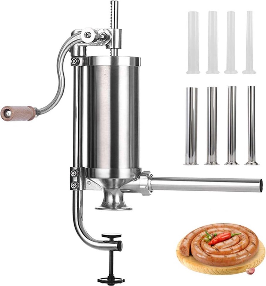 vMASTER FENG Sausage Filler, Horizontal Kitchen Aluminium Sausage Filling Machine with Suction Base Packed 4 Size Professional Filling Nozzles for Homemade Sausages