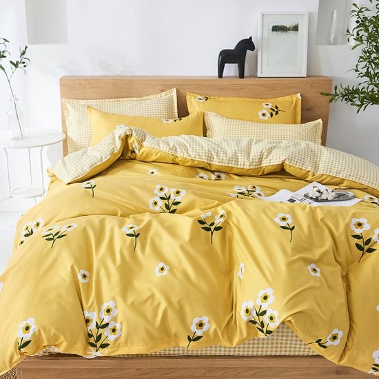 Beddengoed, 135 x 200 cm, goudgeel, wit, bloemenpatroon, geruit, omkeerbaar... bol