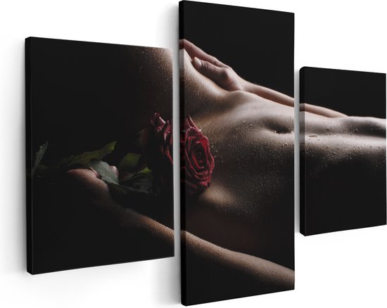 Artaza Canvas Schilderij Drieluik Naakte Vrouwenlichaam met een Rode Roos - Erotiek - 90x60 - Foto Op Canvas - Canvas Print