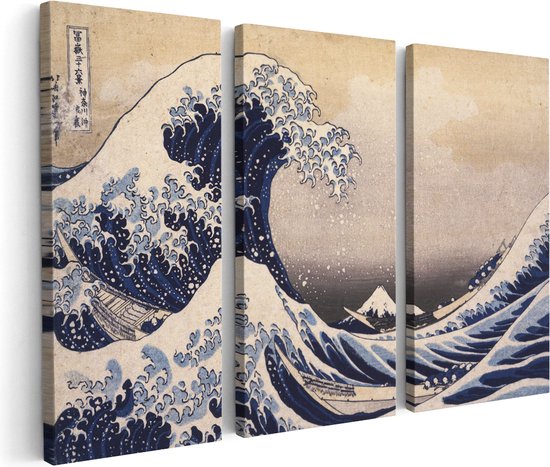 Artaza Canvas Schilderij Drieluik De Grote Golf van Kanagawa - Katsushika Hokusai - 60x40 - Klein - Foto Op Canvas - Canvas Print