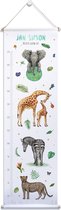 Groeimeter jungledieren met naam - Olifant giraf zebra luipaard - Gepersonaliseerde meetlat van stof - kraamcadeau - Dieren in aquarel geschilderd door Mies - 40 x 140 cm
