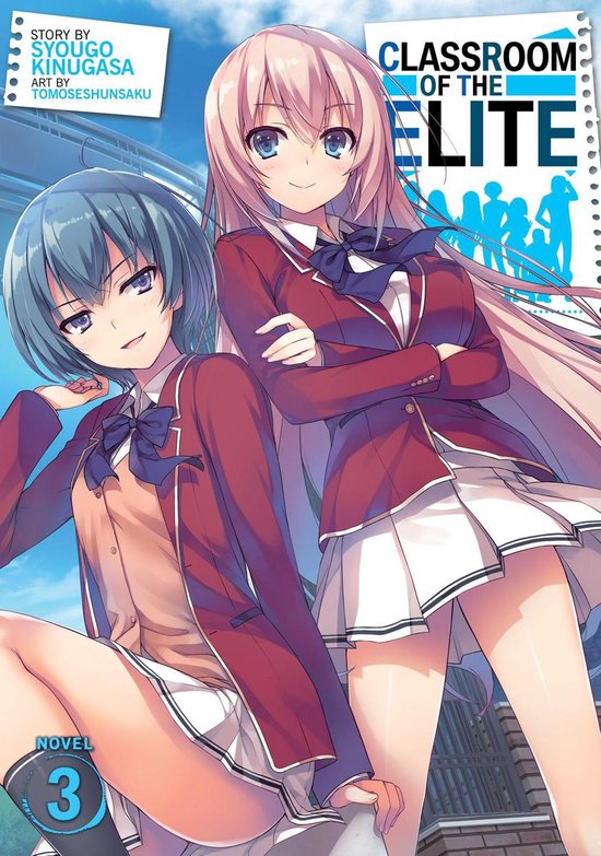 Twee anime-meisjes in schooluniformen met rode jasjes, blauwe strikken en witte rokken. De titel "Classroom of the Elite 3" staat rechtsboven.