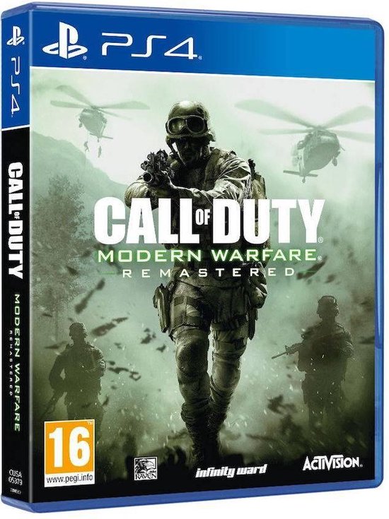 PlayStation 4 spel "Call of Duty: Modern Warfare Remastered" met deksel in een hoes. Soldaat met helikopters en PEGI 16 rating.