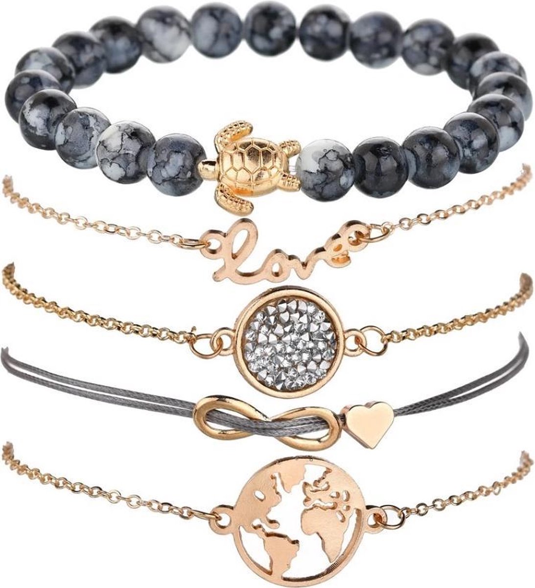 Joboly Set armbanden infinity love hartje diamant wereldbol en schildpad 5 delig - Dames - Goudkleur