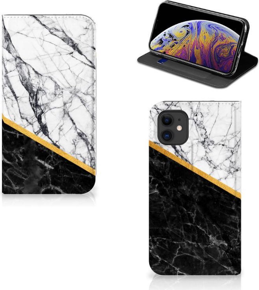 Apple iPhone 11 Standcase Marmer Wit Zwart - Origineel Cadeau Man