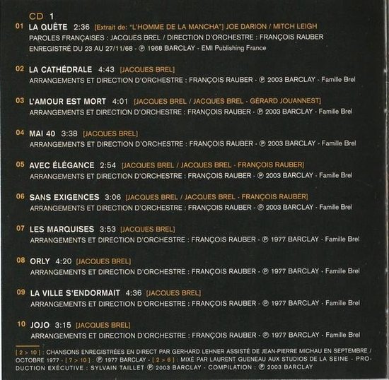 Tracklijst van CD 1, nummers 01-10, van 'Brel infiniment'.