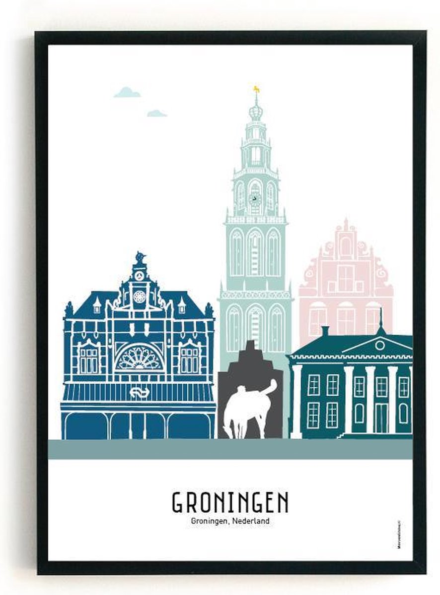 Skylineposter Groningen Kleur in Kunsstof Fotolijst