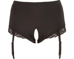Cottelli Plus Size – Hoge Jarretel Slip met Open Kruis en Kanten Rand Sexy en Uitdagend – Maat 2XL - Zwart