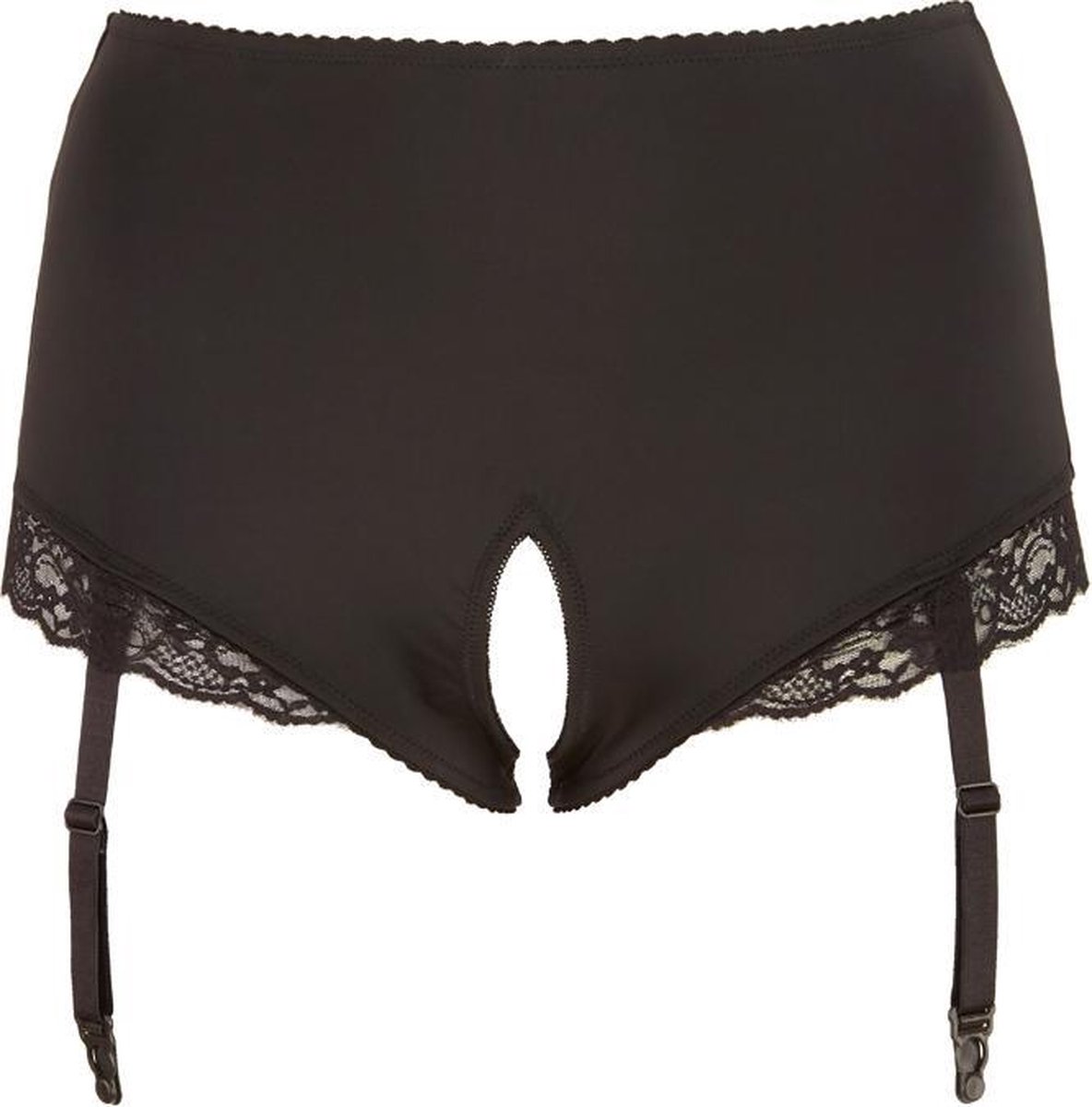 Cottelli Plus Size – Hoge Jarretel Slip met Open Kruis en Kanten Rand Sexy en Uitdagend – Maat 3XL - Zwart