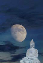 Schilderij - Boeddha, meditatie in het maanlicht , Blauw grijs, 3 maten , Premium print