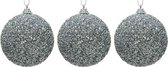3x Zilveren glitter/kralen kerstballen 8 cm kunststof - Onbreekbare kerstballen - Kerstboomversiering zilver