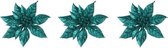 3x Kerstboomversiering op clip emerald groene bloem 15 cm - emerald groene kerstversieringen