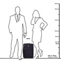 Zwarte Decent reiskoffer naast schematische weergave van man (190cm) en vrouw (175cm).