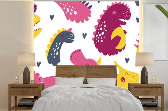 Behang babykamer - Fotobehang Dino - Patronen - Kind - Roze - Meisjes - Breedte 220 cm x hoogte 220 cm - Kinderbehang
