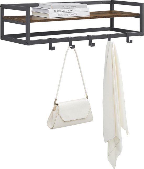 MIRA Home - Industriële Wandkapstok - Houten Plank en 6 Haken - Zwart Metalen Frame - 80cm Breed