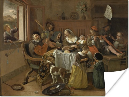 Vrolijke huisgezin - Schilderij van Jan Steen Poster 160x120 cm - Foto print op Poster (wanddecoratie woonkamer / slaapkamer) XXL / Groot formaat!