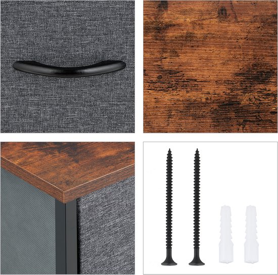 Details: textuur van grijze stof met zwarte handgreep, houten oppervlak, metalen frame, schroeven en pluggen.