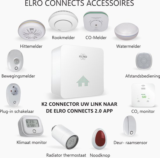 ELRO CONNECTS accessoires: Hitte-, rook-, CO- en watermelder, bewegingsmelder, plug-in schakelaar, klimaat monitor, radiator thermostaat, noodknop, afstandsbediening, CO2 monitor, deur/raamsensor.