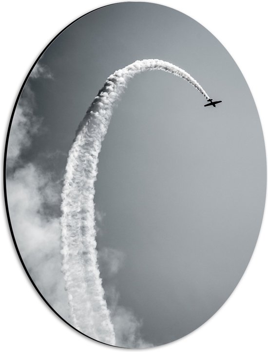 WallClassics - Dibond Ovaal - Witte Vliegstreep van Vliegtuigje - 30x40 cm Foto op Ovaal (Met Ophangsysteem)