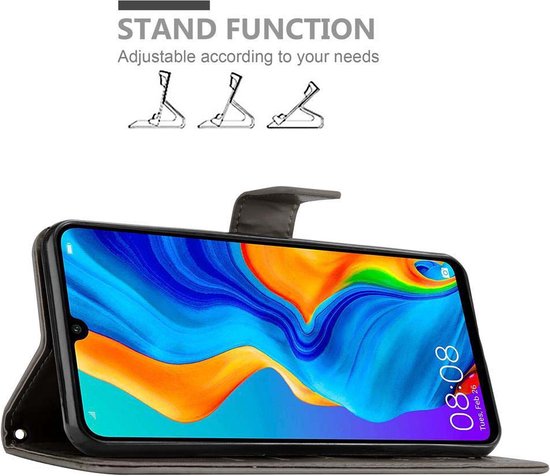 Cadorabo Hoesje geschikt voor Huawei P30 LITE in BLOEMEN GRIJS - Beschermhoes in bloemmotief met magnetische sluiting, standfunctie en kaartsleuven Book Case Cover Etui