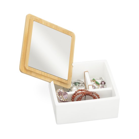 Boîte à bijoux Navaris avec couvercle en bambou - Boîte à bijoux avec miroir et 3 compartiments - Rangement multifonctionnel avec miroir pour bijoux et accessoires