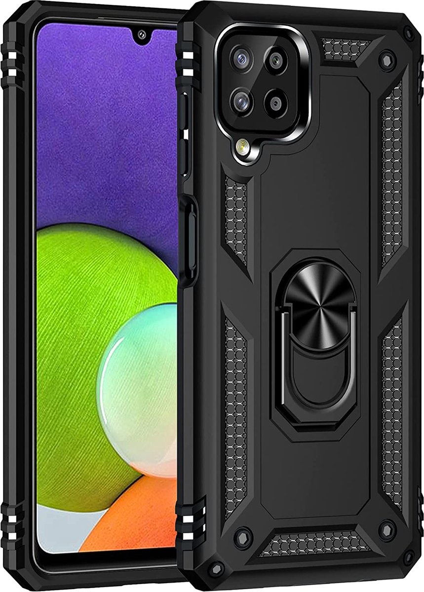 Ring Armor hoesje Geschikt voor Samsung Galaxy A12 - Zwart - Draaibare standaard - Magneet - ZT Accessoires
