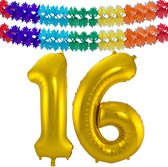 Folie ballonnen - Leeftijd cijfer 16 - goud - 86 cm - en 2x slingers
