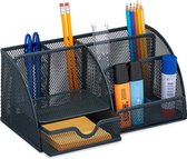 Relaxdays bureau organizer metaal - grote pennenbak met lade - desk organizer antraciet