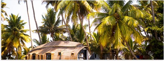 Poster Glanzend – Vakantieplek onder Palmbomen aan het Water - 60x20 cm Foto op Posterpapier met Glanzende Afwerking