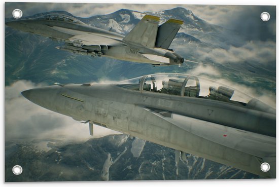 WallClassics - Tuinposter – Twee Vliegtuigen boven Bergen en Wolken - 60x40 cm Foto op Tuinposter (wanddecoratie voor buiten en binnen)